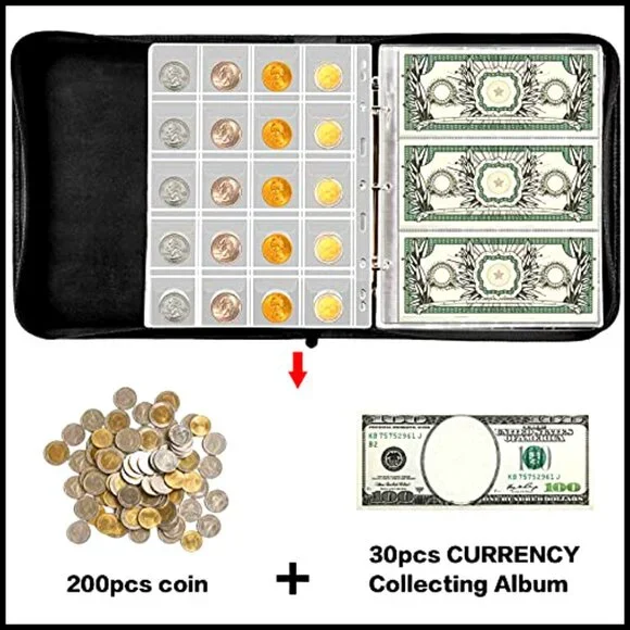 Premium Coin Collection Album Binder with 200 Pockets and 30 Currency Sleeves - Picture 5 of 7